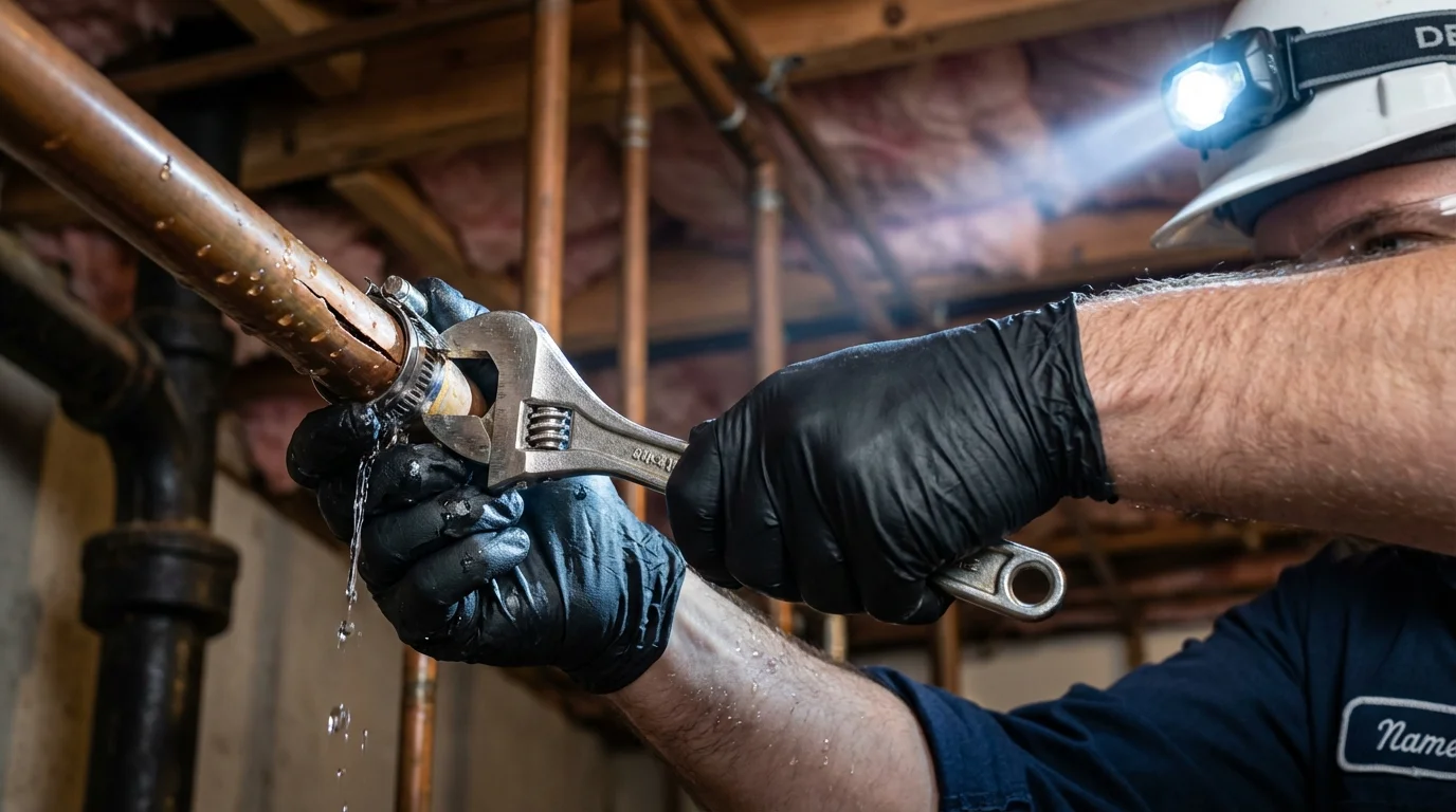 Emergency pipe clamp repair being performed by a Johns Plumbing LLC plumber in Union